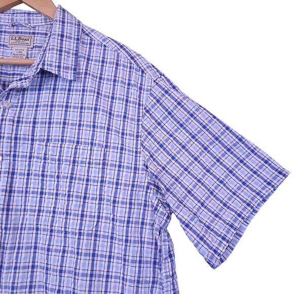 L.L. Bean Men's Short Sleeve Plaid Button-Up Shirt Sz Large Blue & White Casual - Picture 4 of 10